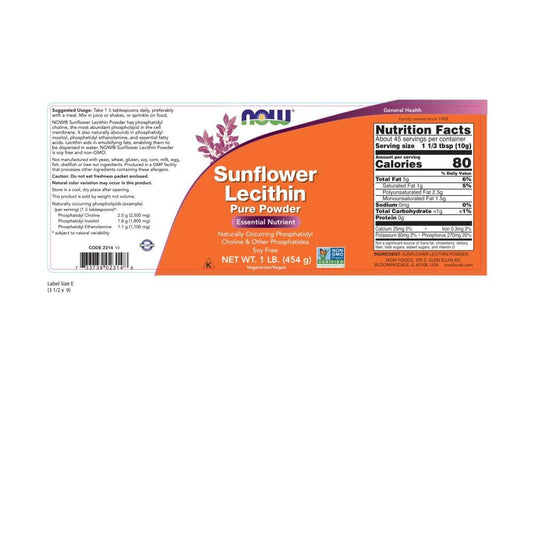 NOW Foods Sunflower Lecithin Powder closeup on bottle highlighting texture.