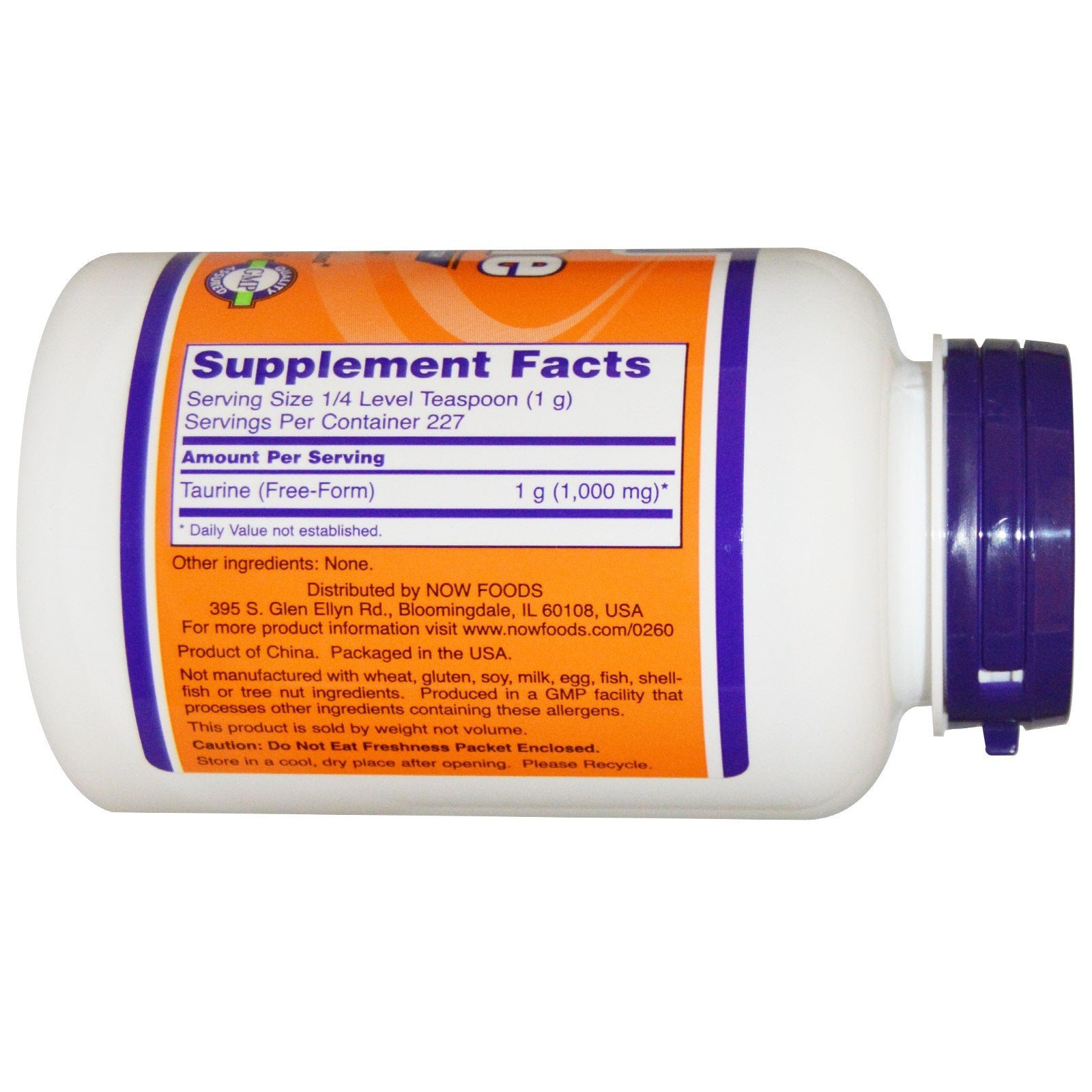 NOW Foods Taurine Powder 8oz back label details serving size and nutrition.