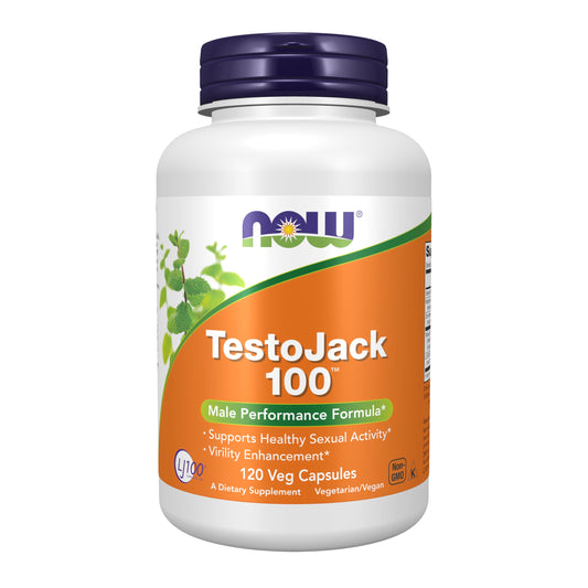 NOW Foods TestoJack 100 bottle front showcases LJ100 and tribulus for vitality support