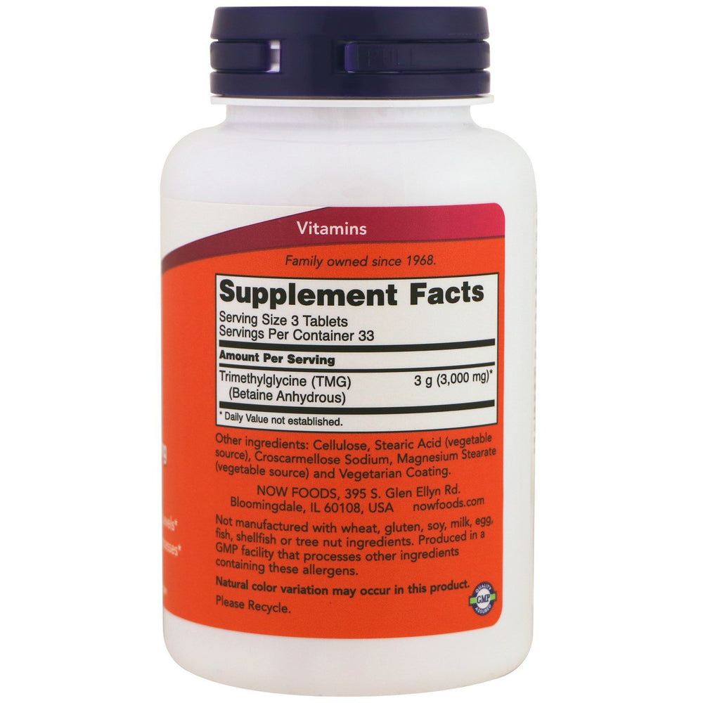 NOW Foods TMG tablets close-up, easy daily use.