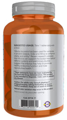 NOW Foods Tribulus 1000mg bottle label highlighting standardized extract and quality assurance.