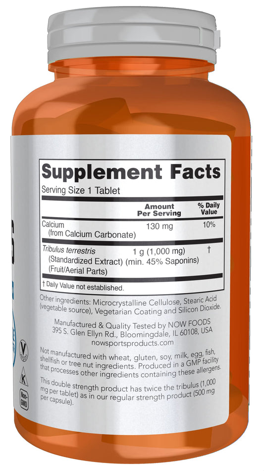 NOW Foods Tribulus 1000mg tablets back view with supplement facts for informed use.