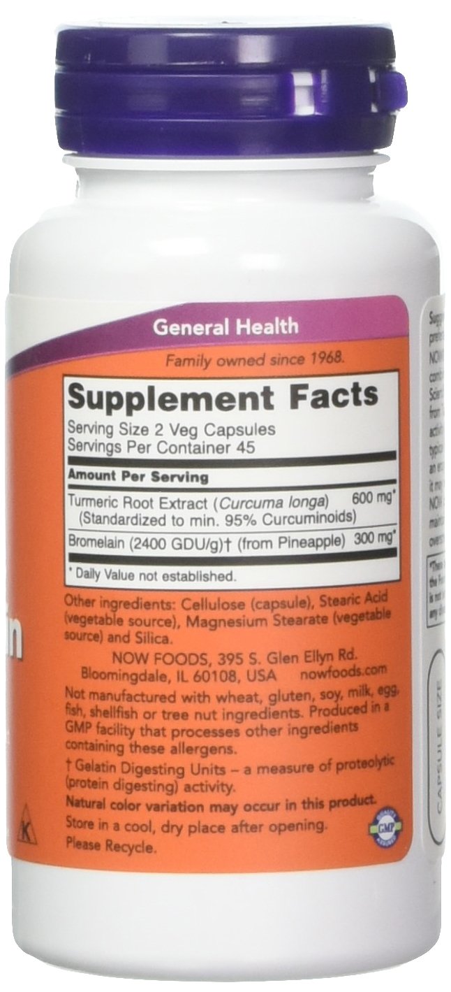 Now Foods Turmeric Bromelain bottle back label highlights ingredients and GMP