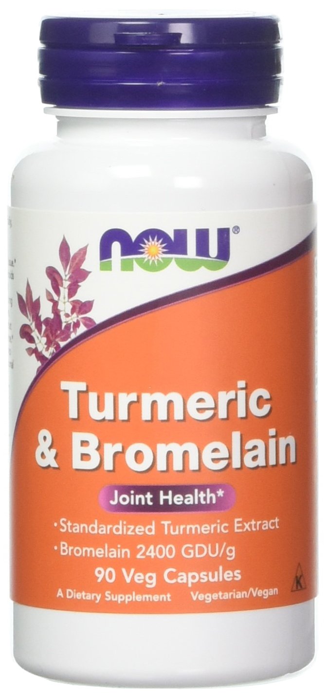 Now Foods Turmeric Bromelain 90 capsules bottle front shows label and capsules