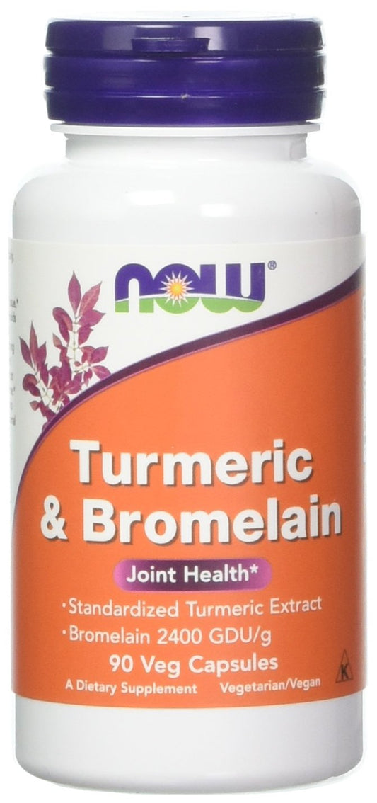 Now Foods Turmeric Bromelain 90 capsules bottle front shows label and capsules