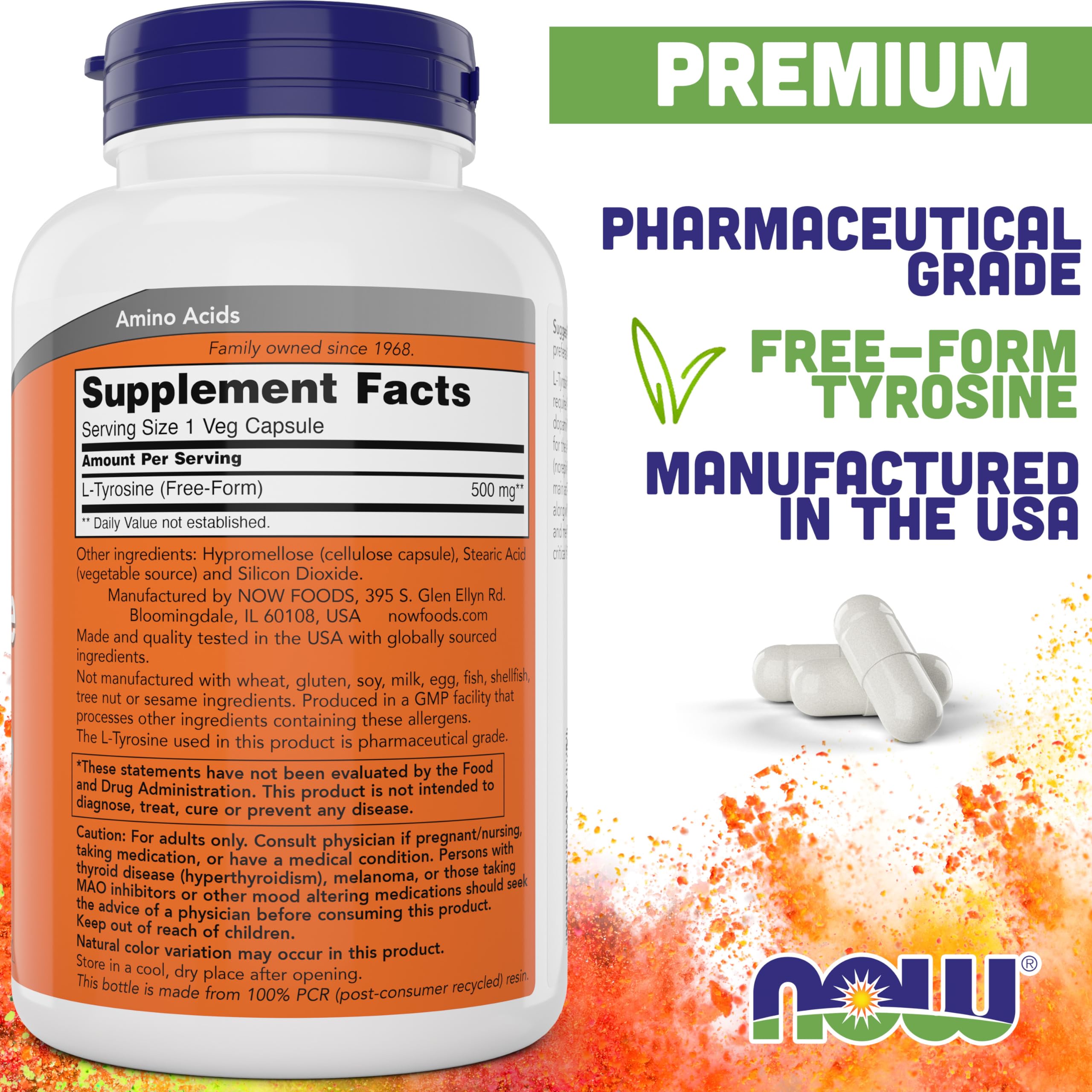 NOW Foods L-Tyrosine capsules close-up showing free-form tyrosine.