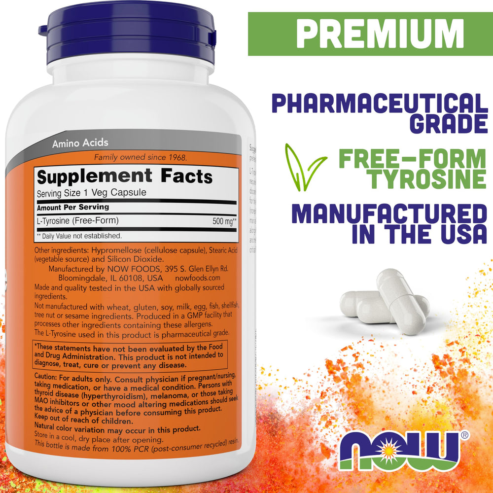 NOW Foods L-Tyrosine capsules close-up showing free-form tyrosine.