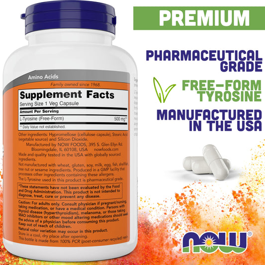 NOW Foods L-Tyrosine capsules close-up showing free-form tyrosine.
