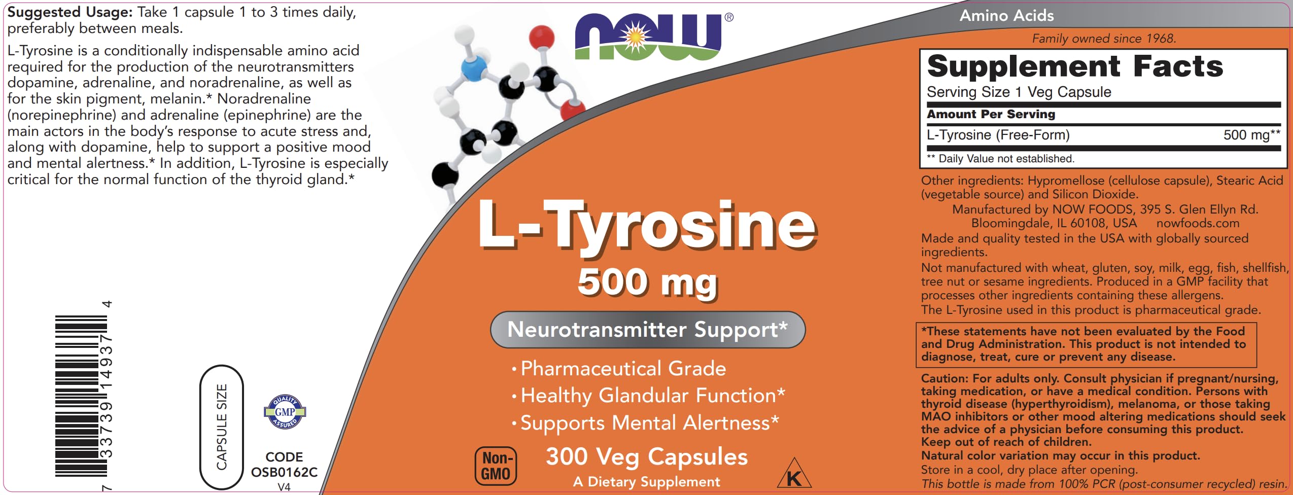 NOW Foods L-Tyrosine label detail highlighting pharmaceutical grade quality.