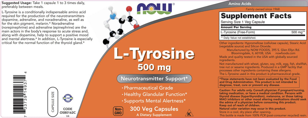 NOW Foods L-Tyrosine label detail highlighting pharmaceutical grade quality.