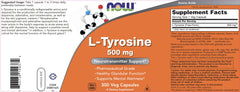 NOW Foods L-Tyrosine label detail highlighting pharmaceutical grade quality.