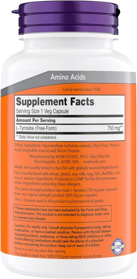 NOW Foods L-Tyrosine capsules support neurotransmitter production for mood and focus.