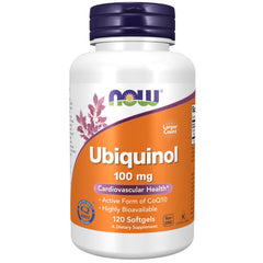 NOW Foods Ubiquinol 100 mg bottle on white background suggesting energy support potential.