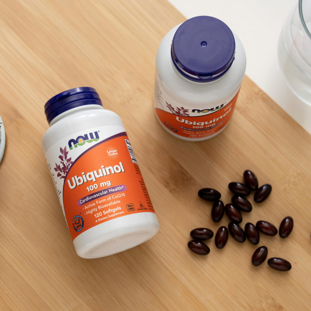 NOW Foods Ubiquinol 100 mg softgels closeup showing smooth capsules.
