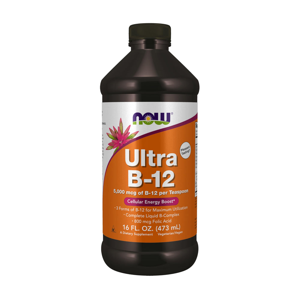 NOW Foods Ultra B-12 Liquid bottle being poured, supports steady B-vitamin intake