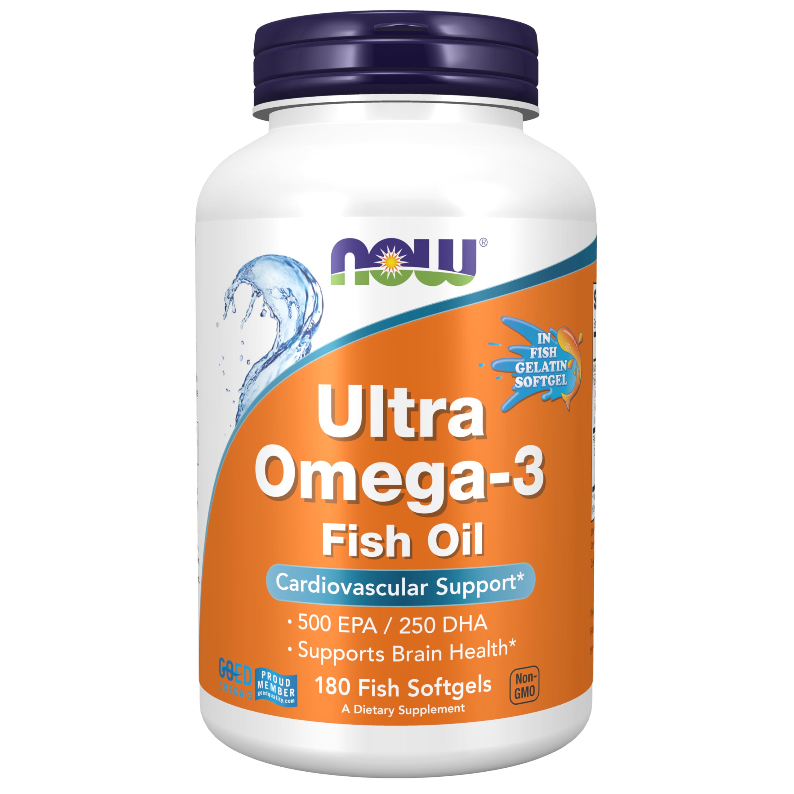 NOW Foods Ultra Omega-3 bottle front showing softgels designed for heart and brain support