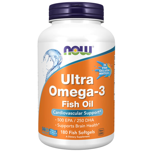 NOW Foods Ultra Omega-3 bottle front showing softgels designed for heart and brain support