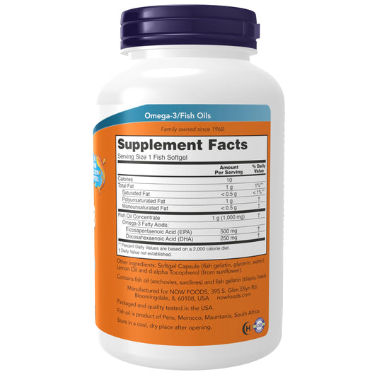 Close-up of NOW Foods Ultra Omega-3 softgels highlighting molecularly distilled fish oil