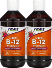 NOW Foods Vitamin B-12 Liquid bottle highlights energy support and vegan suitability.
