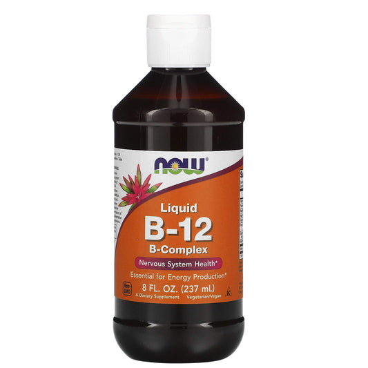 NOW Foods Vitamin B-12 Liquid dropper shows easy daily dosing for nervous system support.
