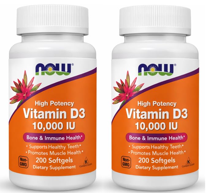 NOW Foods Vitamin D-3 softgels bottle with high potency for daily bone support