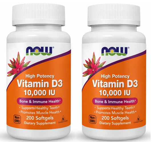 NOW Foods Vitamin D-3 softgels bottle with high potency for daily bone support