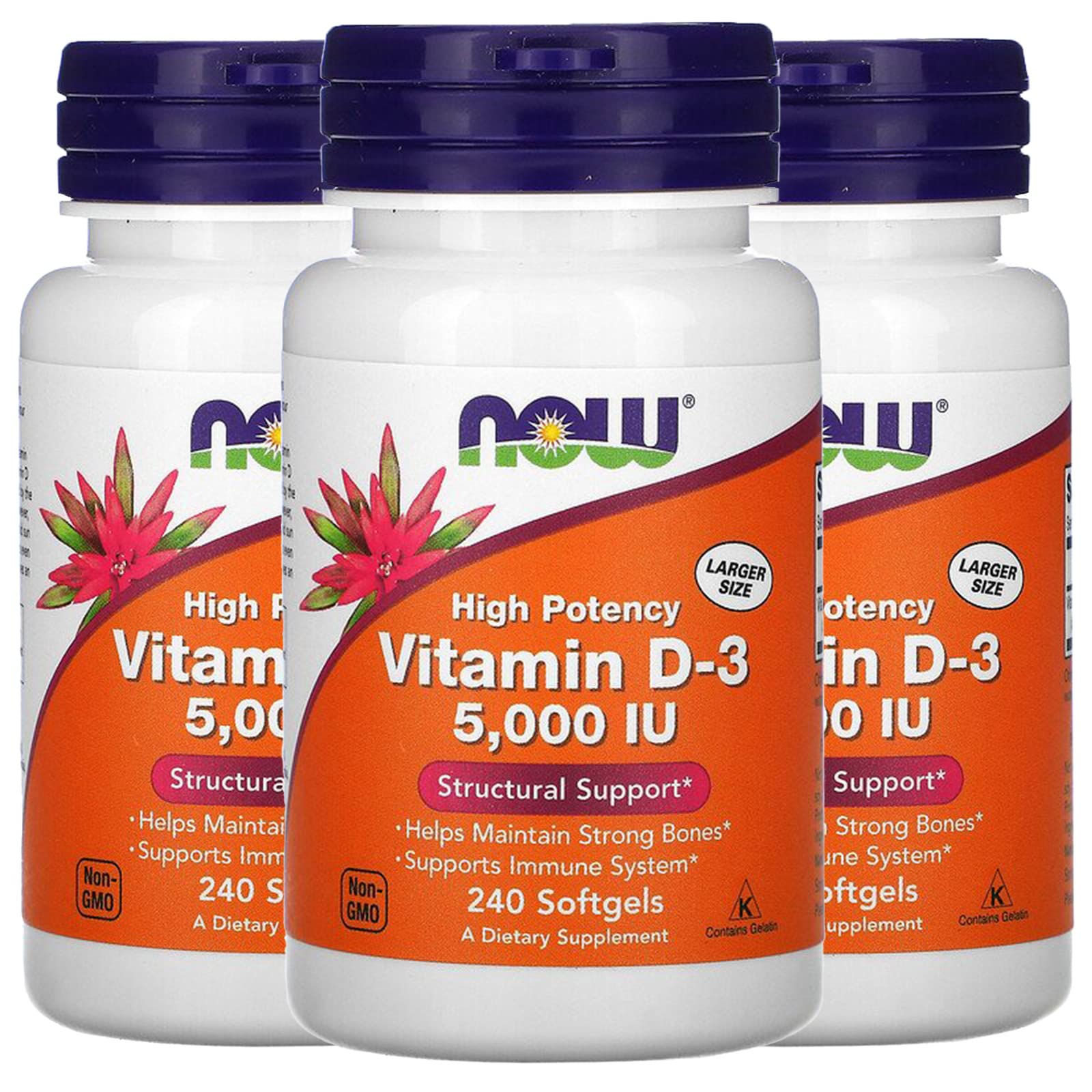 NOW Foods Vitamin D-3 5000 IU softgels bottle for daily bone and immune support
