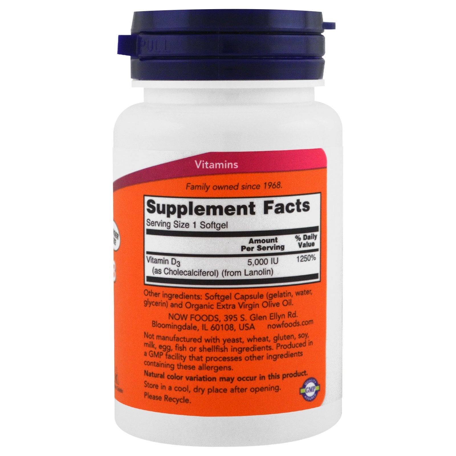NOW Foods Vitamin D-3 5000 IU label closeup highlighting potency and quality