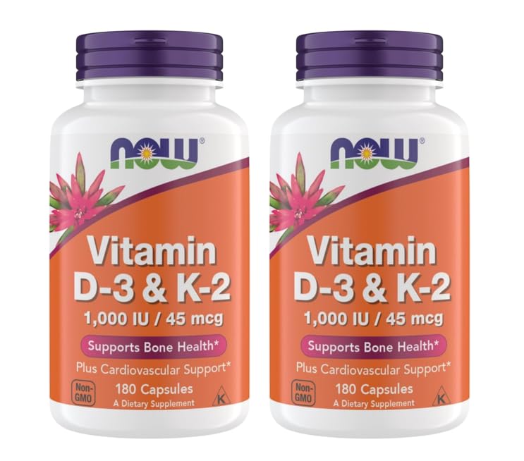 NOW Foods Vitamin D3 K2 bottle front promotes bone and heart health support