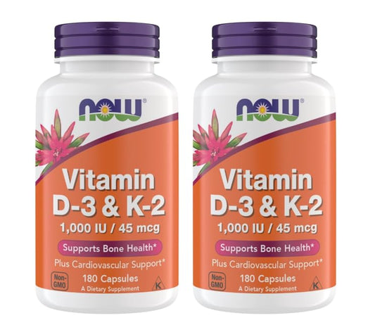 NOW Foods Vitamin D3 K2 bottle front promotes bone and heart health support