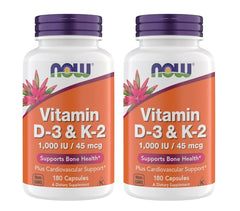NOW Foods Vitamin D3 K2 bottle front promotes bone and heart health support