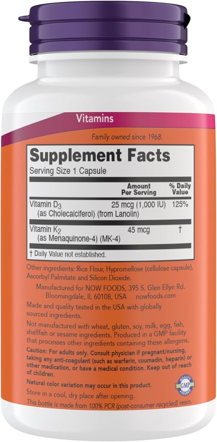 NOW Foods Vitamin D3 K2 capsules close-up for vegetarian daily support