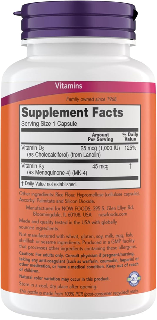 NOW Foods Vitamin D3 K2 capsules close-up for vegetarian daily support