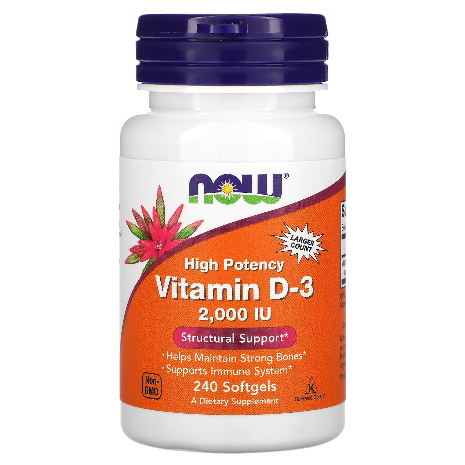 NOW Foods Vitamin D-3 softgels label close-up highlighting 2,000 IU potency.