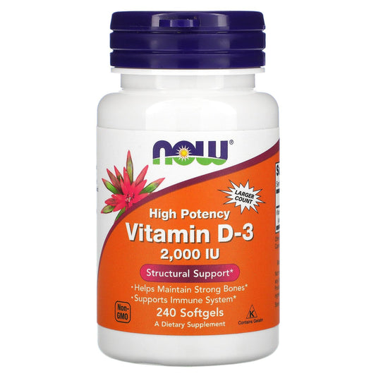NOW Foods Vitamin D-3 softgels label close-up highlighting 2,000 IU potency.