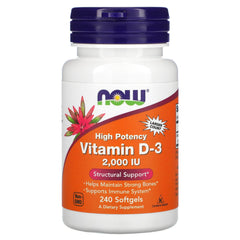 NOW Foods Vitamin D-3 softgels label close-up highlighting 2,000 IU potency.