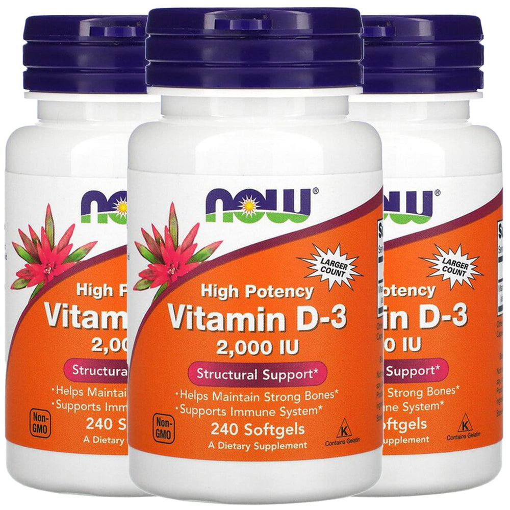 NOW Foods Vitamin D-3 bottle front showing high potency for bone support.