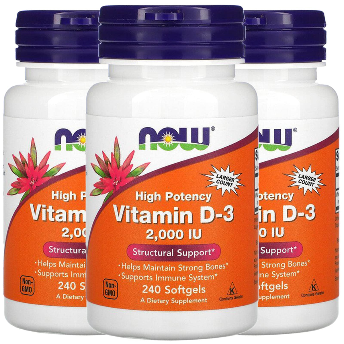NOW Foods Vitamin D-3 bottle front showing high potency for bone support.