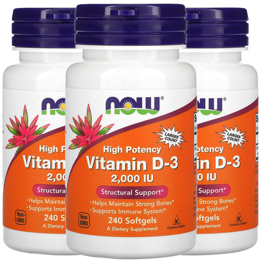 NOW Foods Vitamin D-3 bottle front showing high potency for bone support.