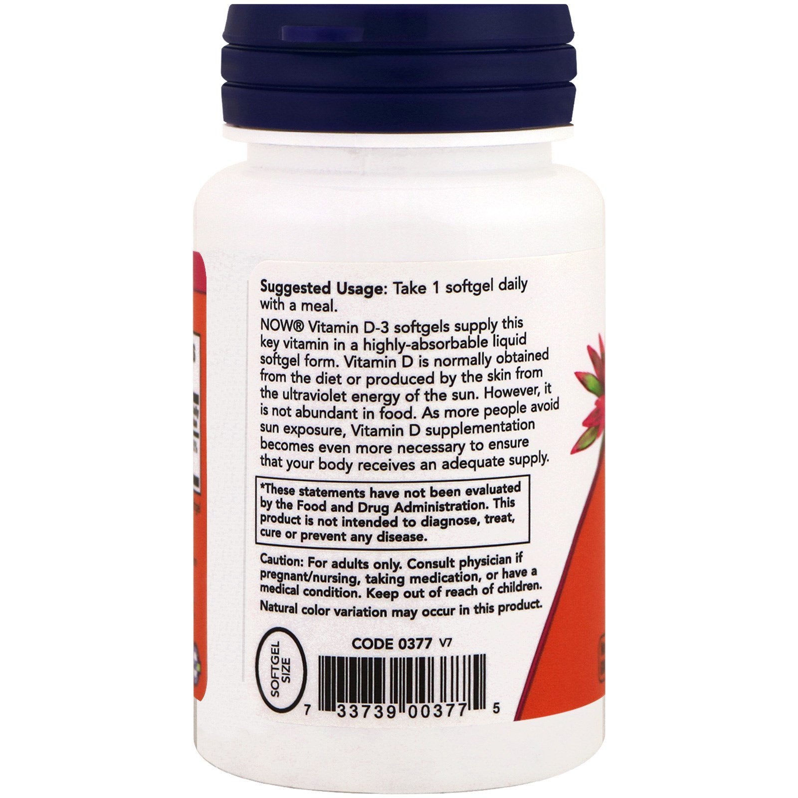 NOW Foods Vitamin D-3 ingredients panel close-up notes non-GMO and kosher gelatin.