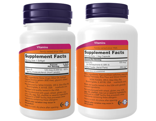NOW Foods Vitamin D-3 softgels label showing 5,000 IU potency for daily use.
