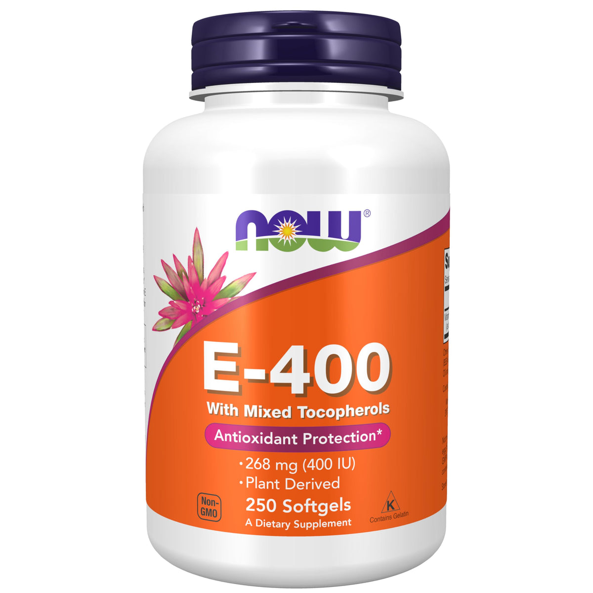 NOW Foods Vitamin E-400 IU mixed tocopherols softgel bottle for daily antioxidant support