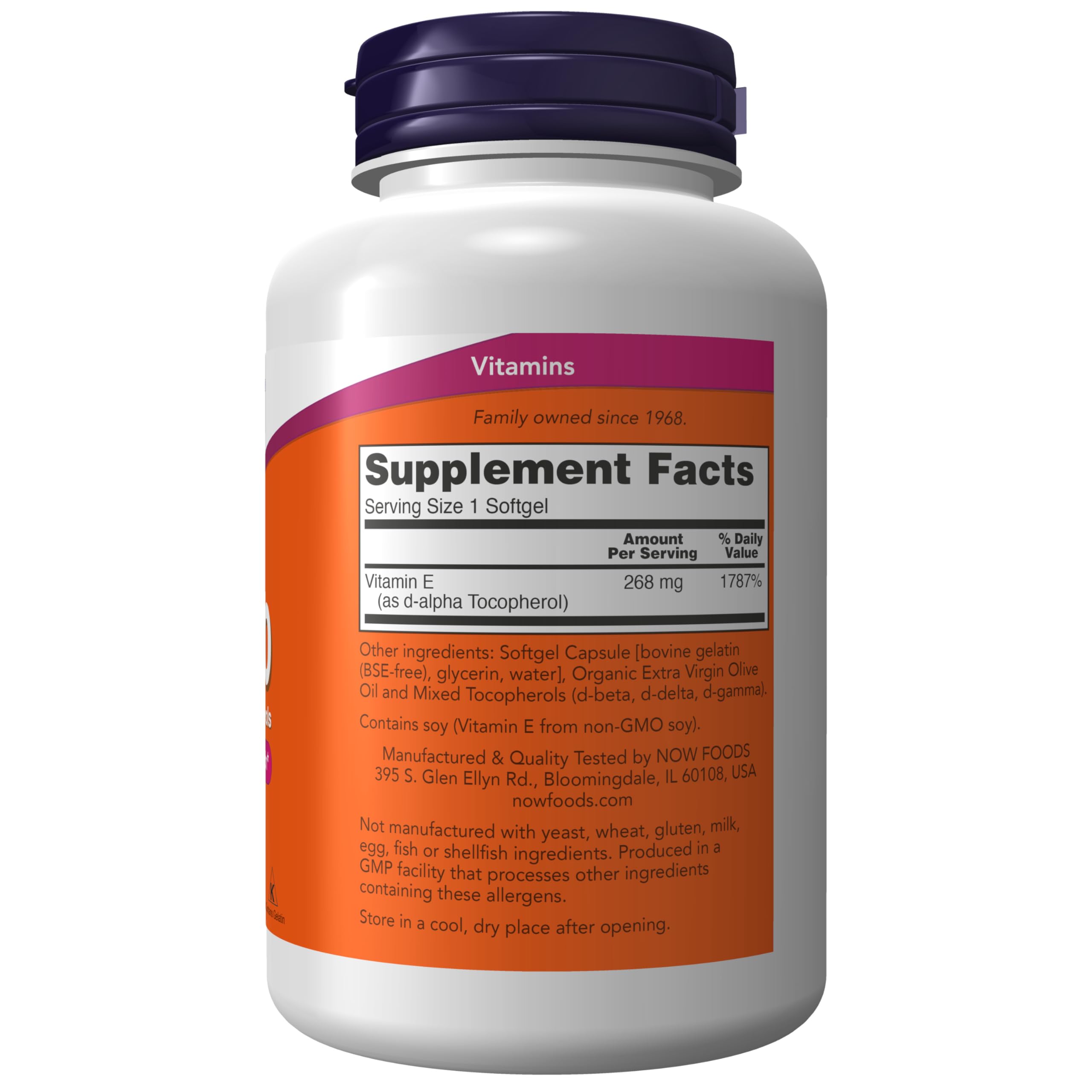 NOW Foods Vitamin E-400 IU softgel closeup highlighting plant-derived tocopherols for protection