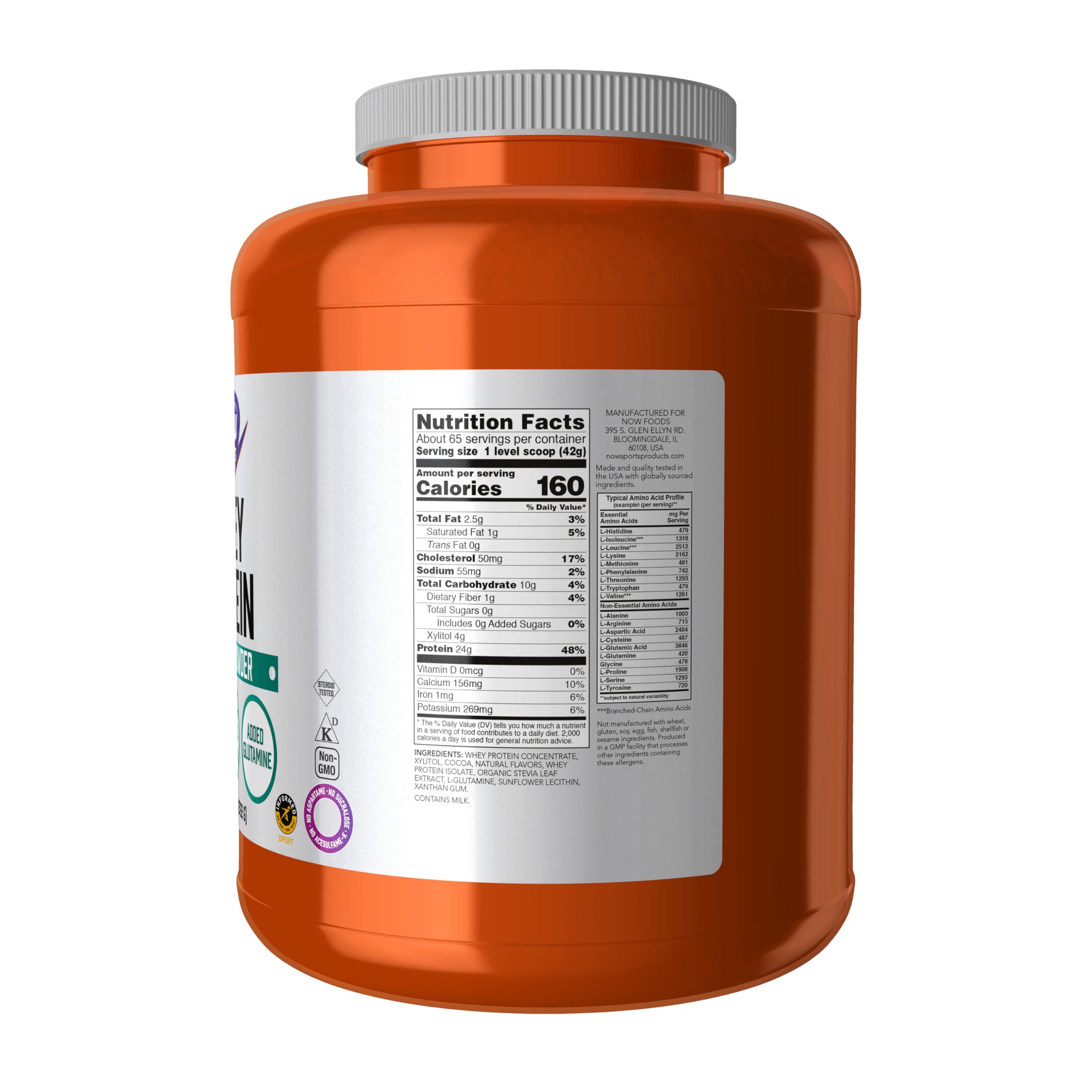 NOW Foods Whey Protein BCAAs label close-up highlighting amino acids