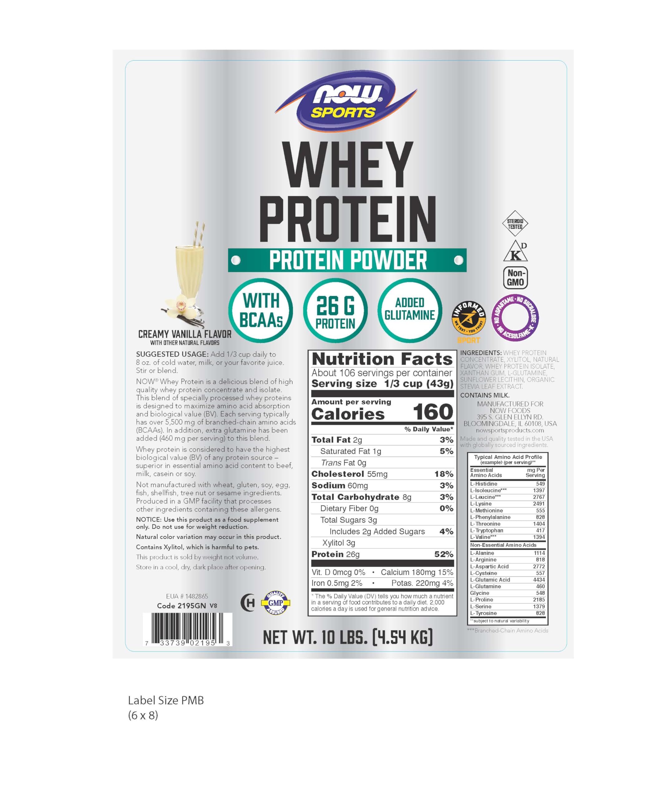 NOW Foods Whey Protein bottle labeled vanilla, highlighting purity and quality.