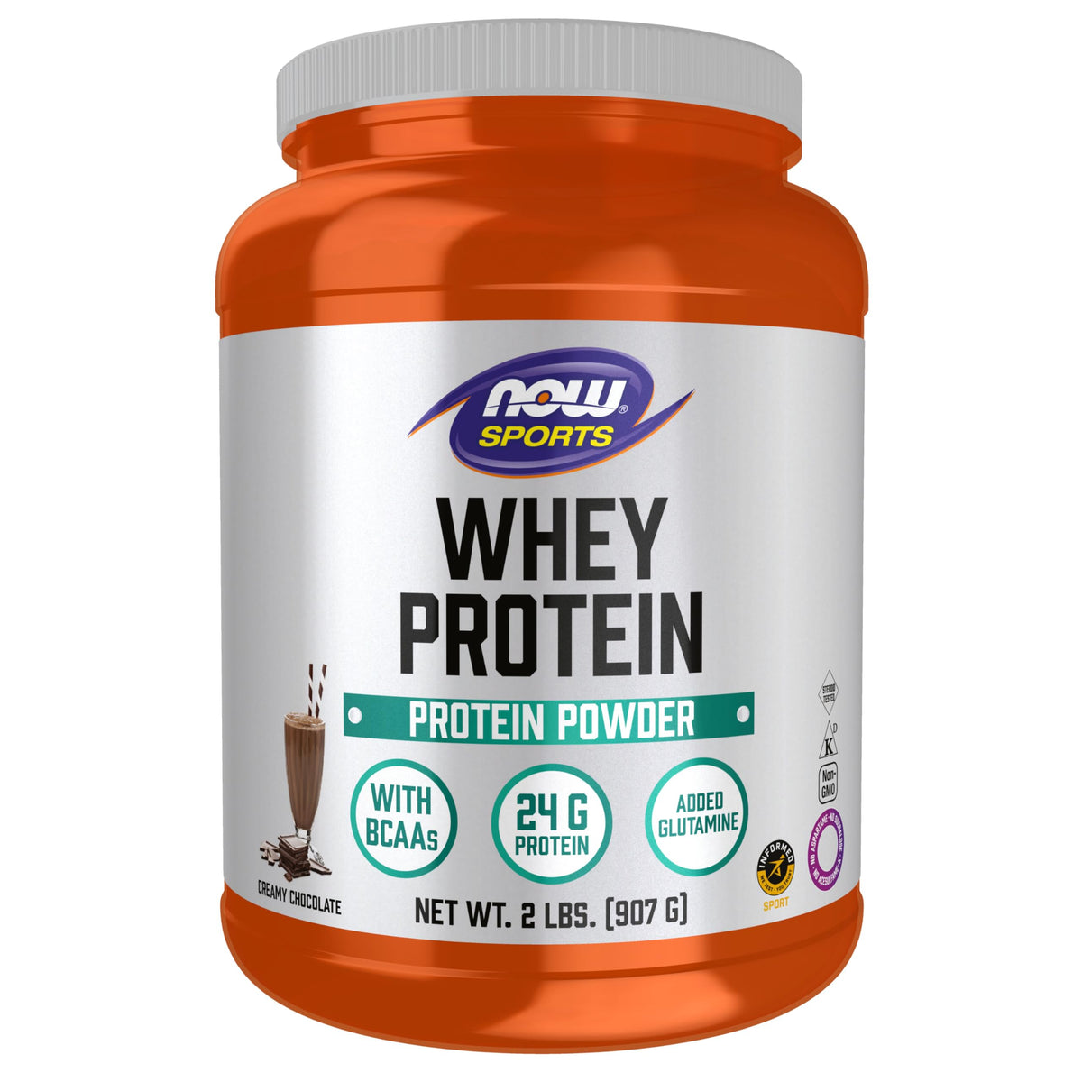 NOW Foods Whey Protein Creamy Chocolate bottle for convenient daily shakes.