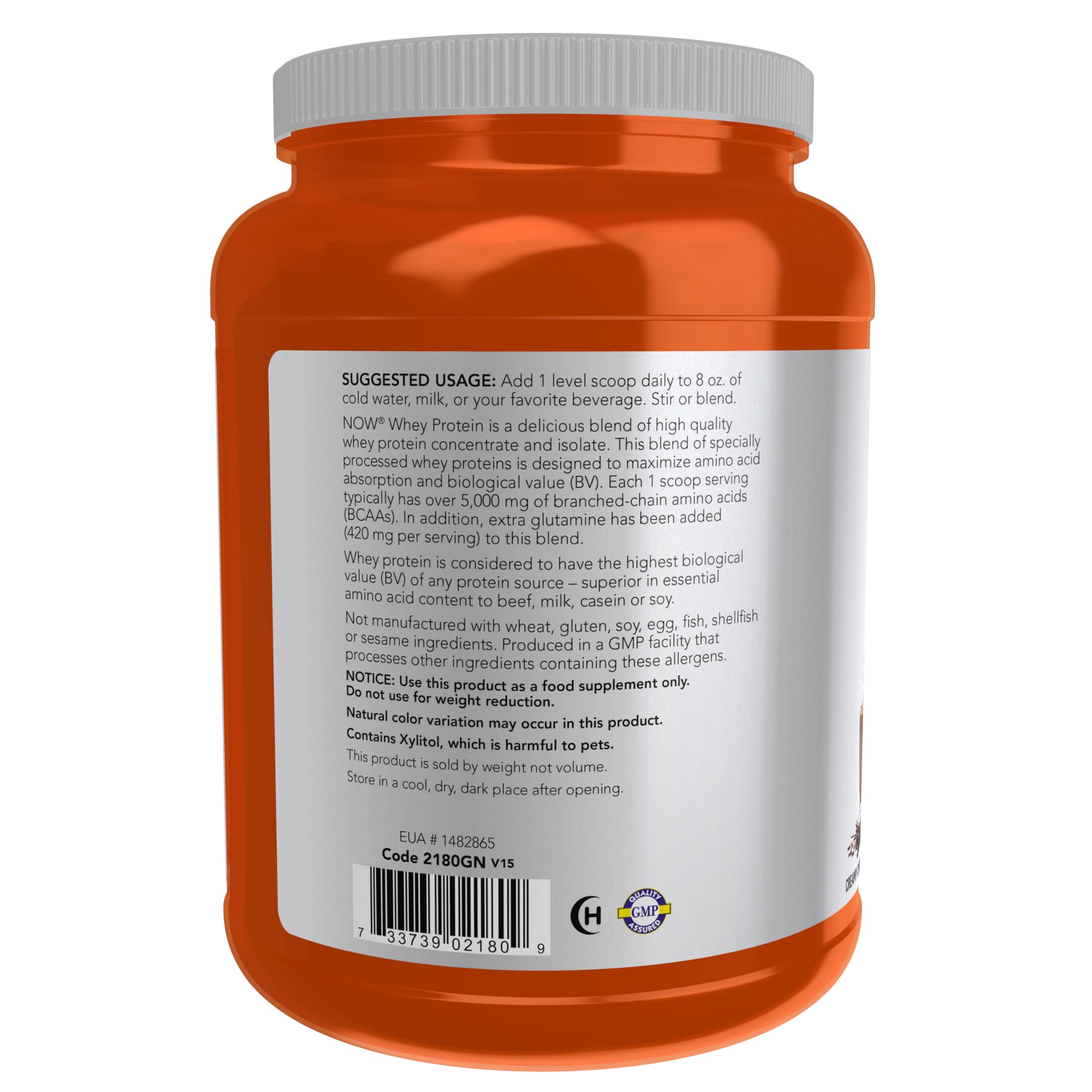 NOW Foods Whey Protein Creamy Chocolate bottle with glass showing rich cream shake.