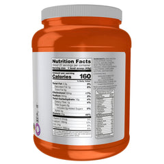 NOW Foods Whey Protein Creamy Chocolate scoop beside a shaker for quick mixing.