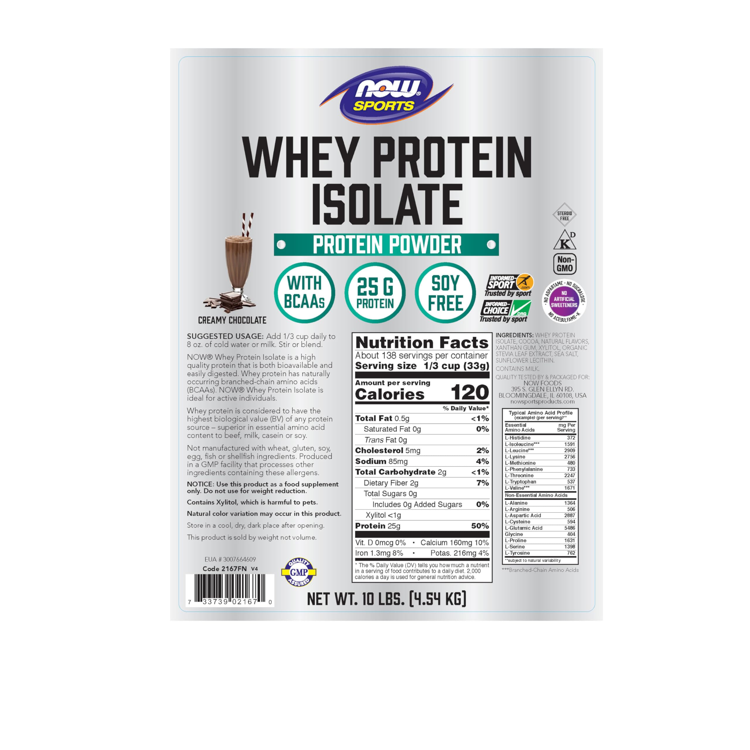 NOW Foods Whey Protein Isolate bottle label highlights 25 g protein per serving.