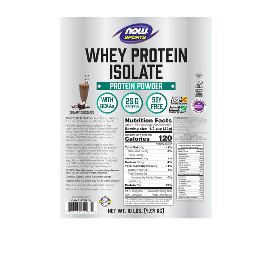 NOW Foods Whey Protein Isolate bottle label highlights 25 g protein per serving.